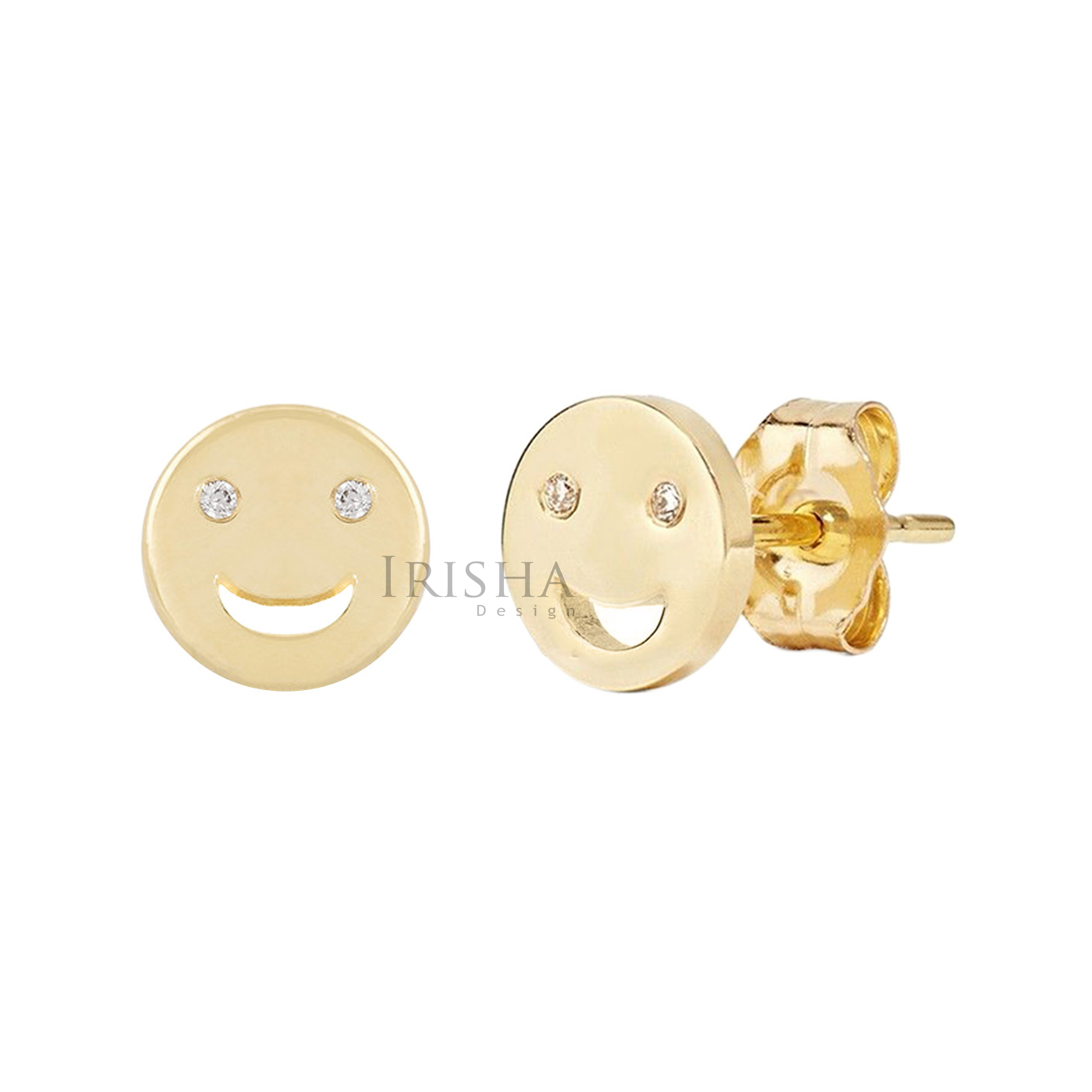 14K Gold 0.04 Ct. Genuine Diamond 8 mm Smiley Earrings Fine Jewelry