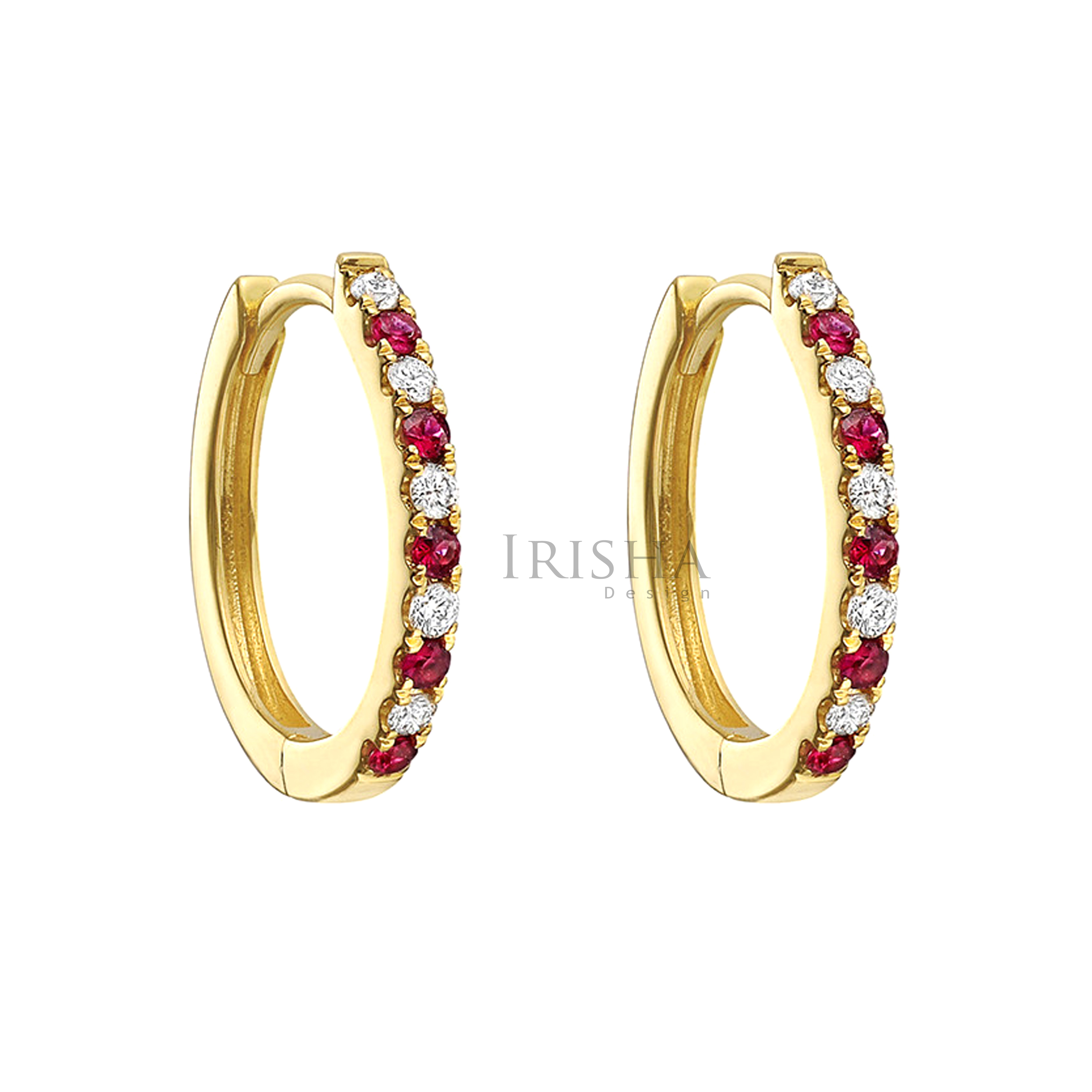 14K Gold Genuine Diamond And Ruby Gemstone Hoop Earrings Fine Jewelry