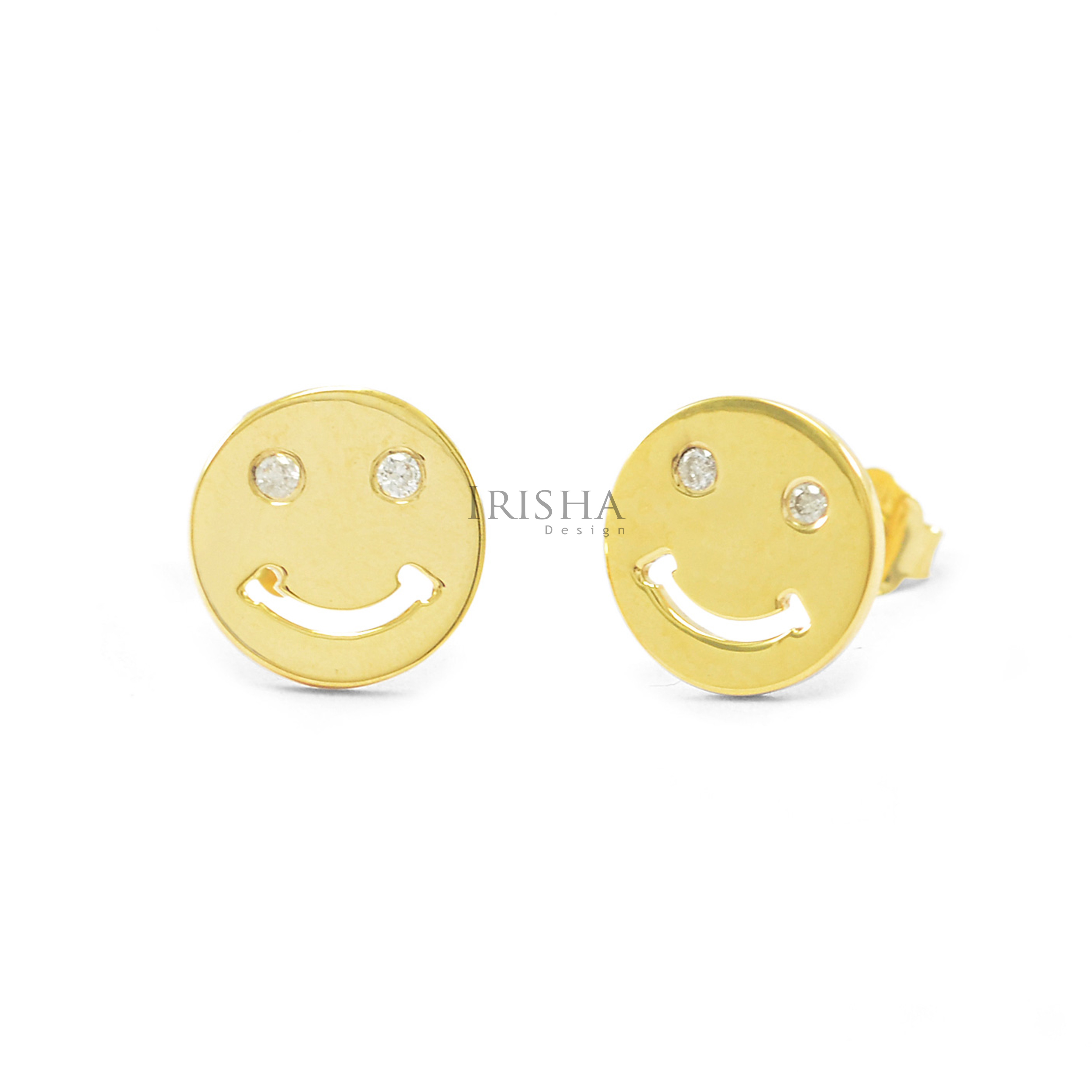 14K Gold 0.04 Ct. Genuine Diamond 8 mm Smiley Emoji Earrings Fine Jewelry