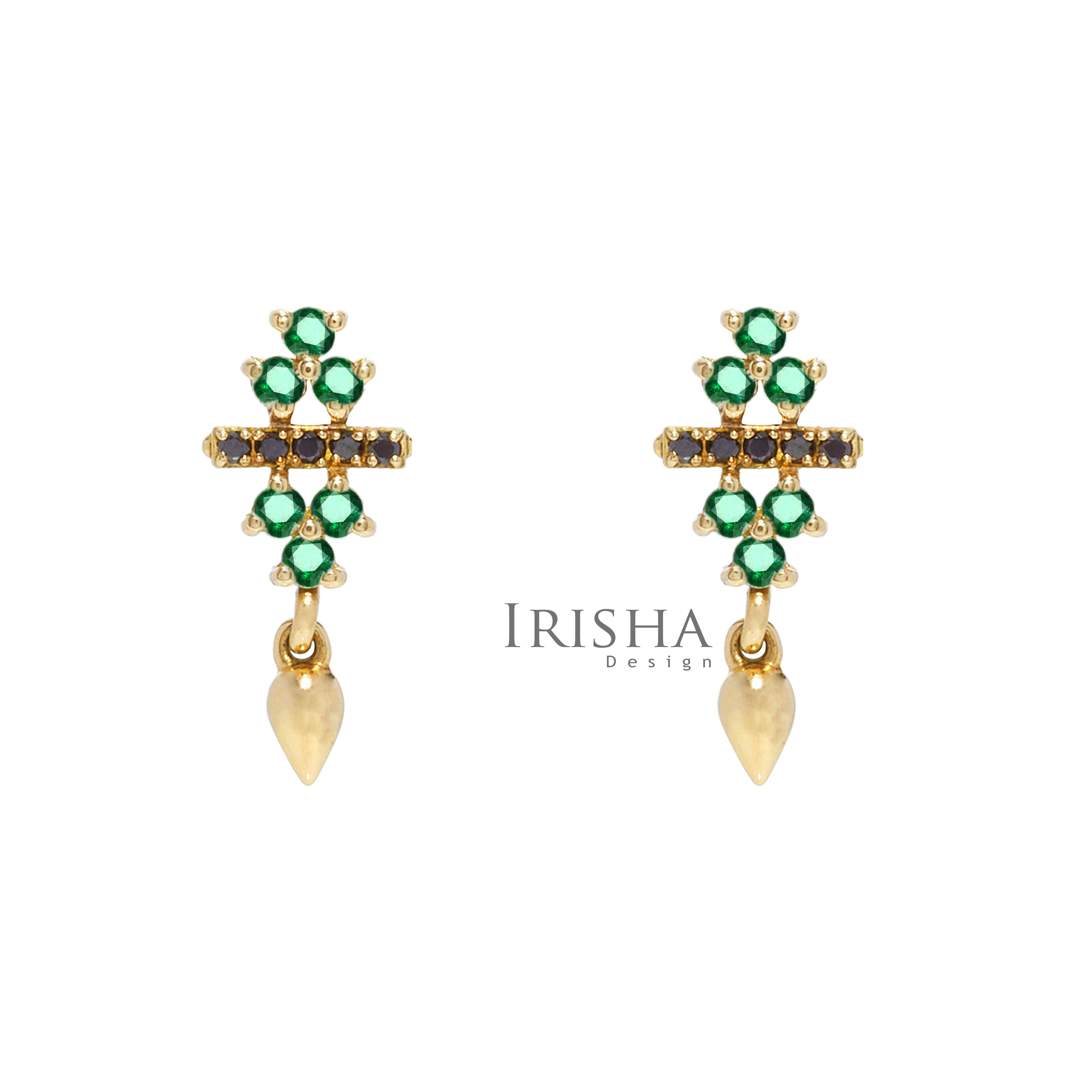 14K Gold Genuine Emerald And Black Diamonds Bar Cluster Earrings Fine Jewelry