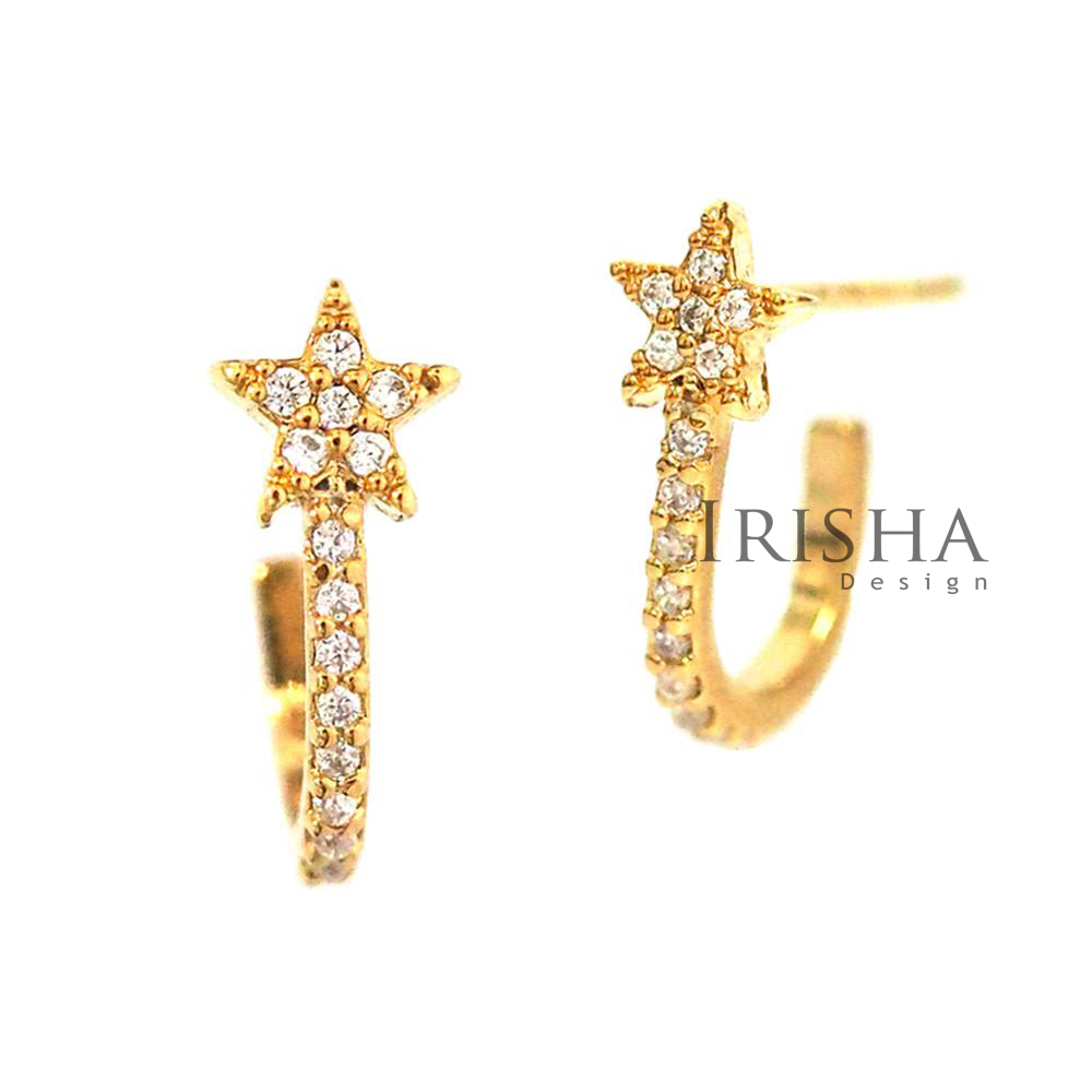 14K Gold 0.23 Ct. Genuine Diamond Star Hoop Earrings Fine Celestial Jewelry