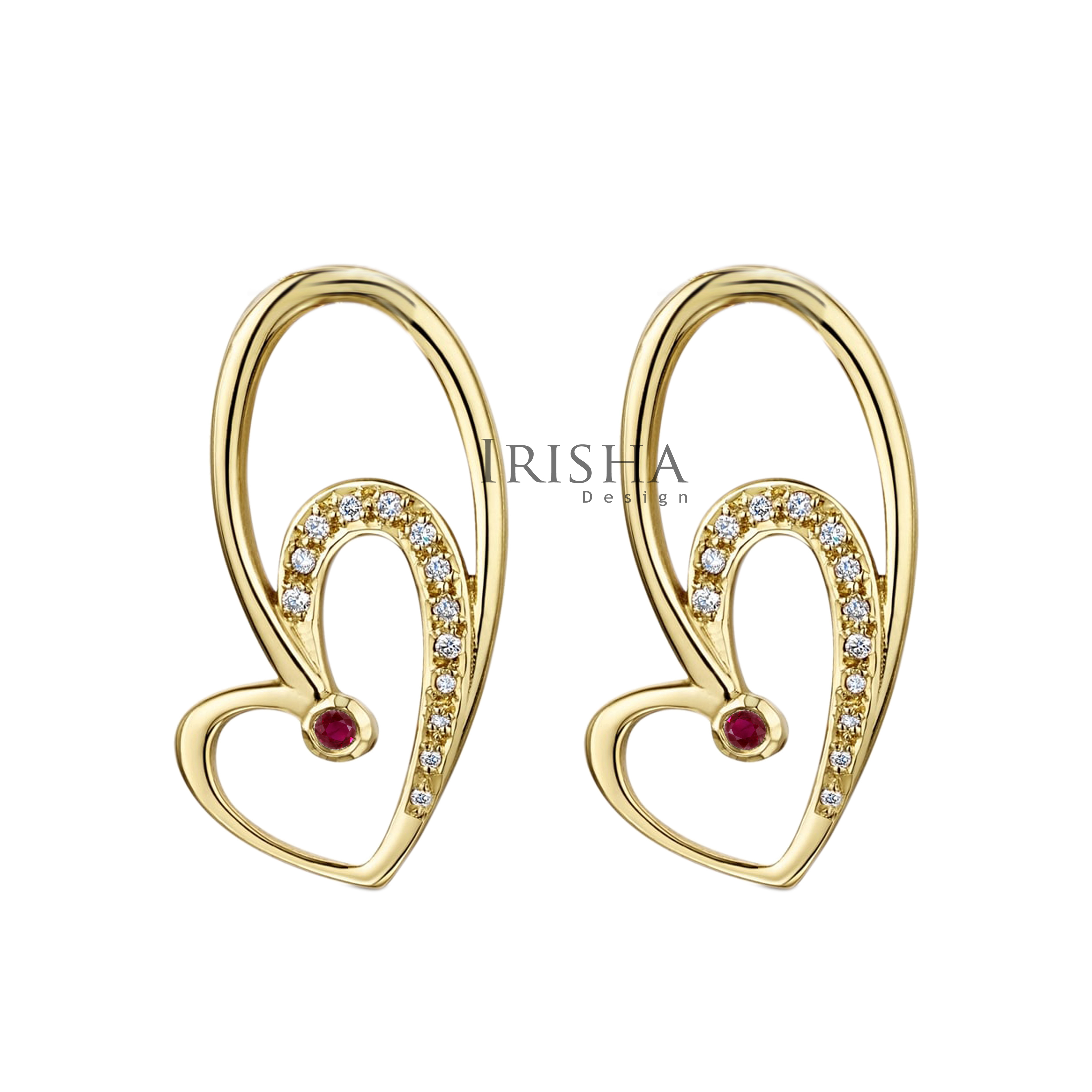 14K Gold Genuine Diamond And Ruby Special Heart Hook Earrings Mother's Day Gift