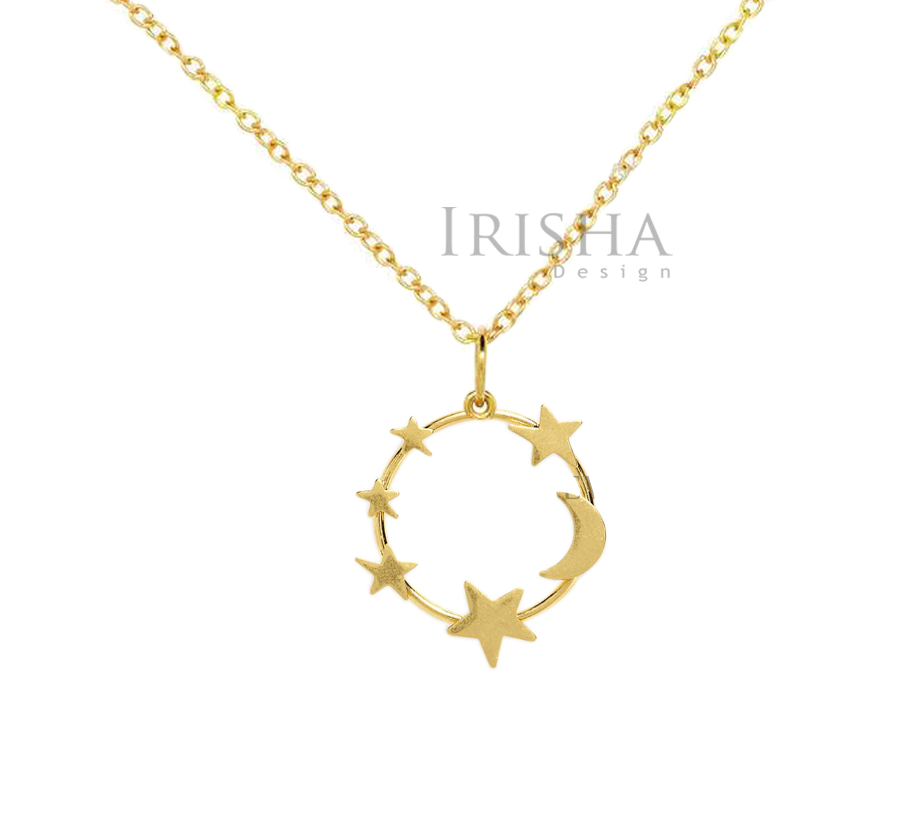 14K Solid Plain Gold Round Moon Star Pendant Necklace Handmade Fine Jewelry