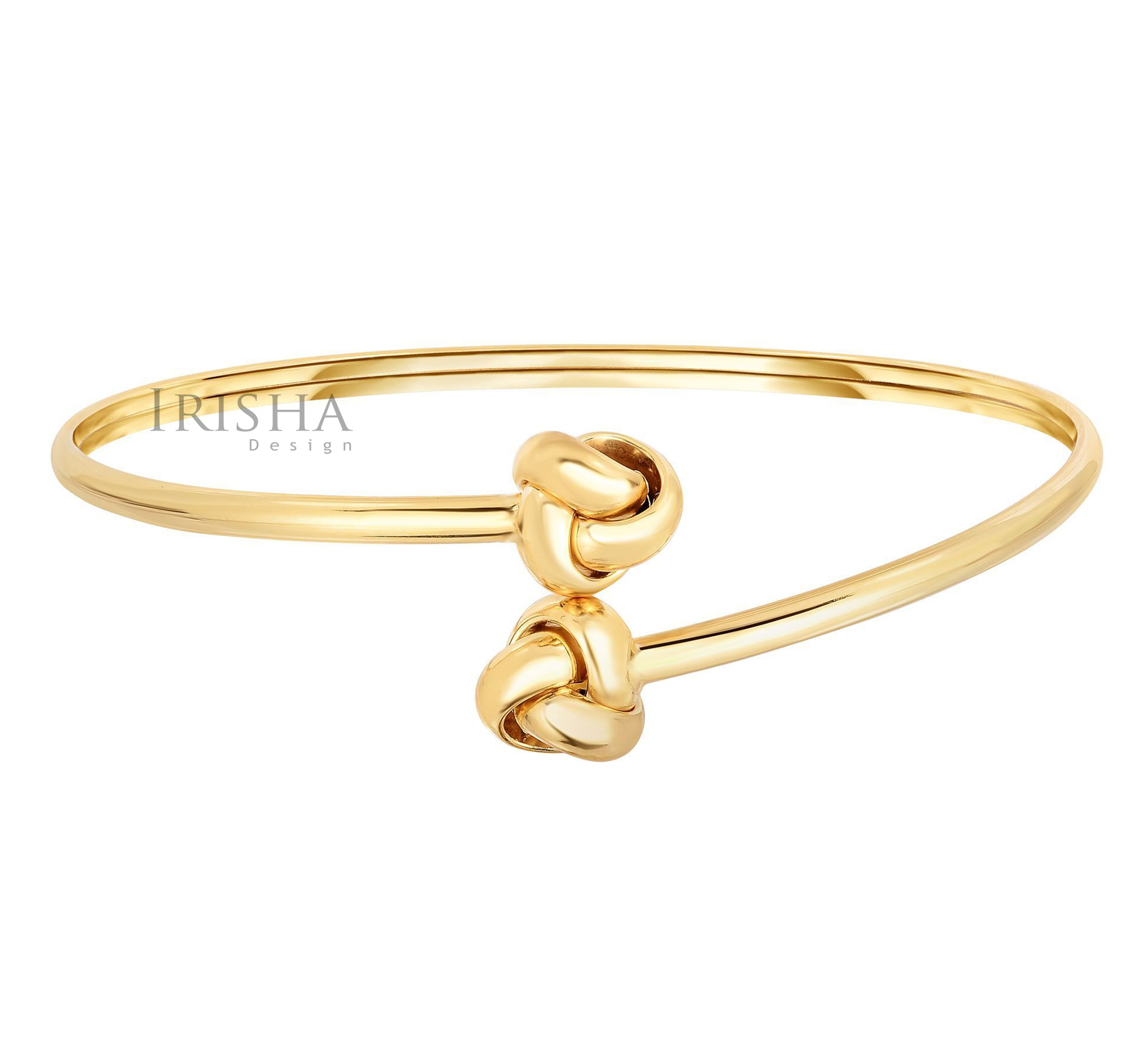14K Solid Yellow Gold Shiny Double Love knot Tip Bypass Type Mother's Day Bangle