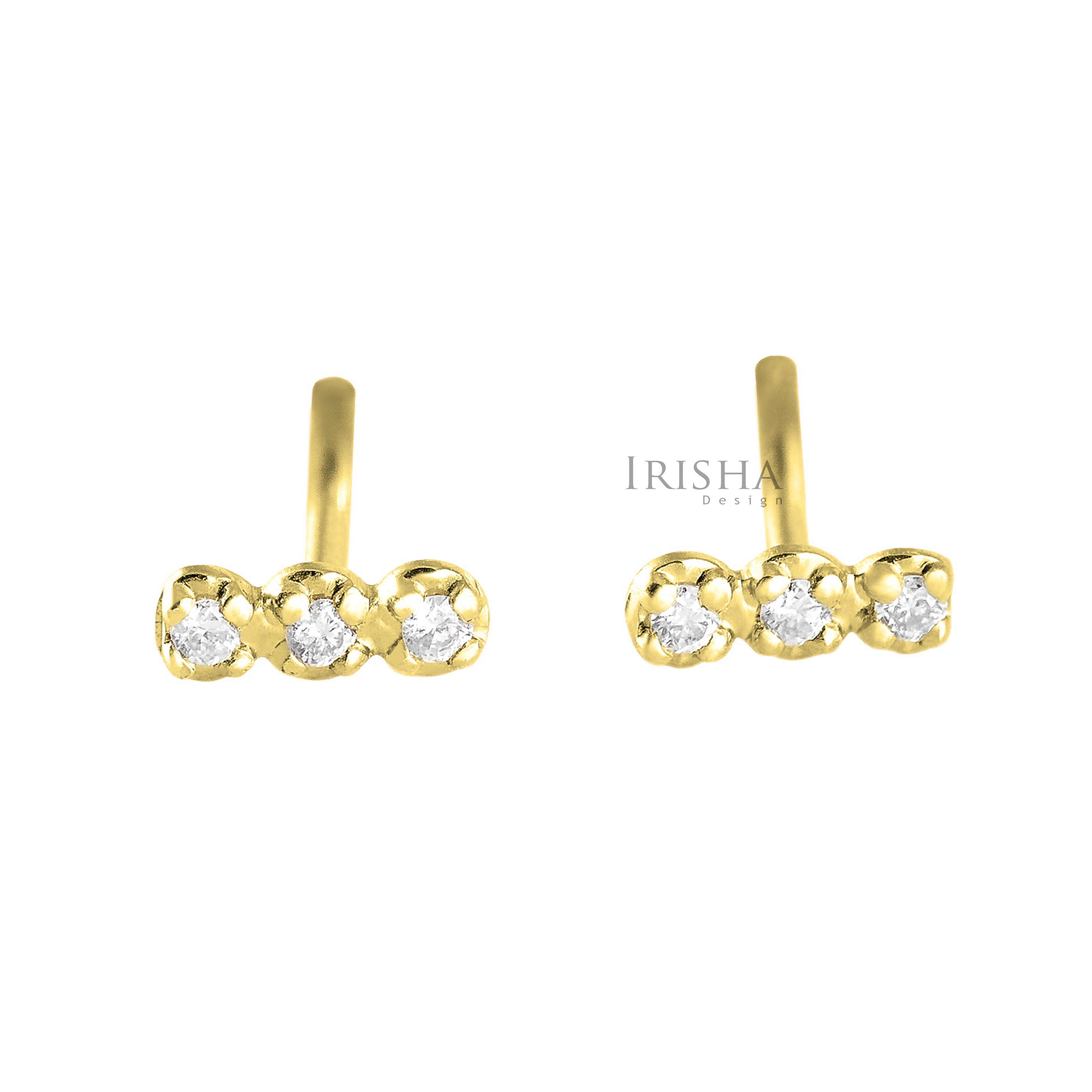 14K Gold 0.18 Ct. Genuine Three Diamond 8 mm Handmade Stud Earrings Fine Jewelry