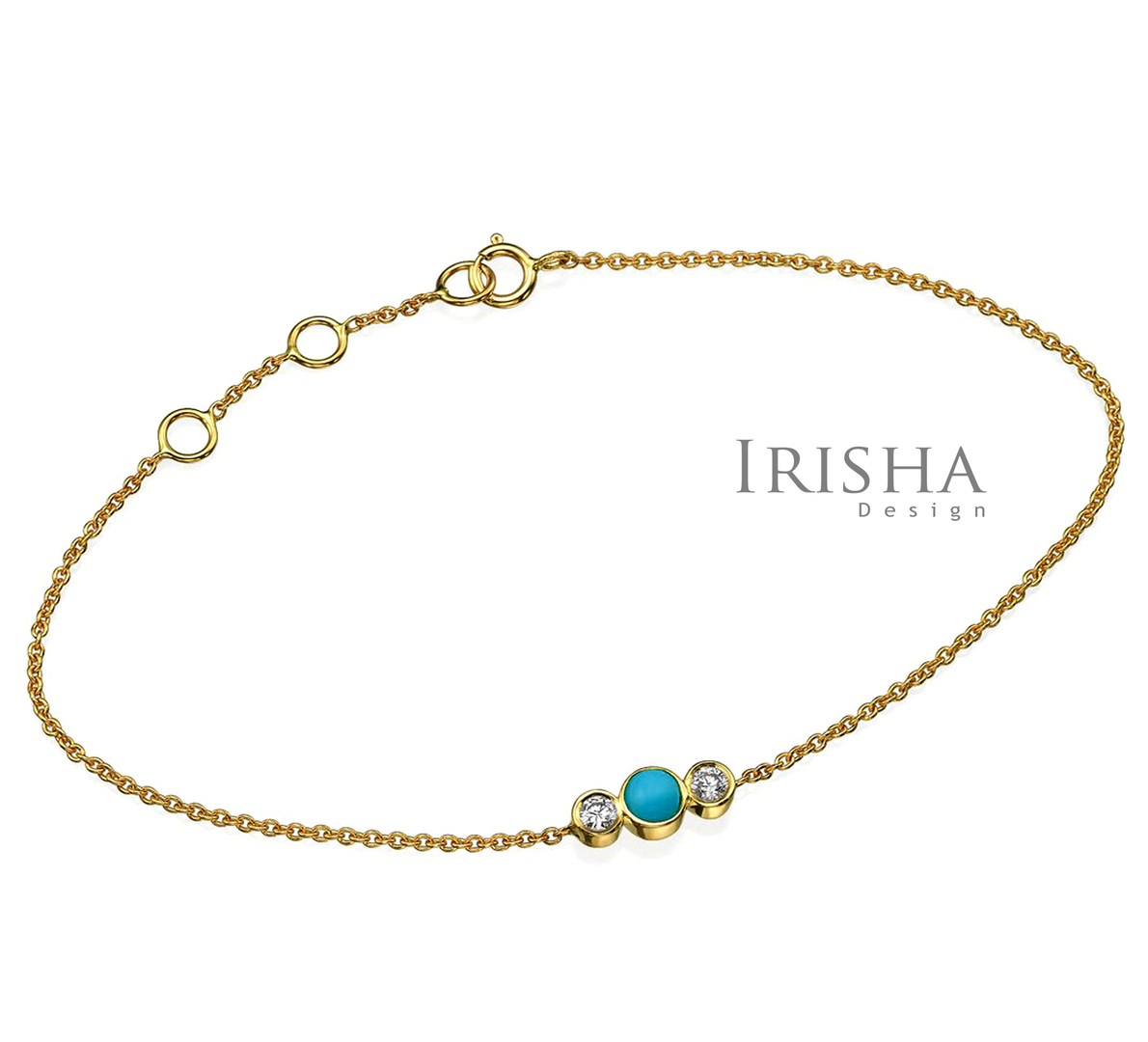 14K Gold Genuine Diamond And Turquoise Gemstone Chain Bracelet Fine Jewelry