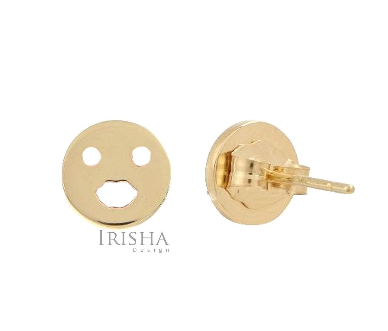 14K Solid Plain Gold Face Emoji Round Stud Earrings Handmade Fine Jewelry