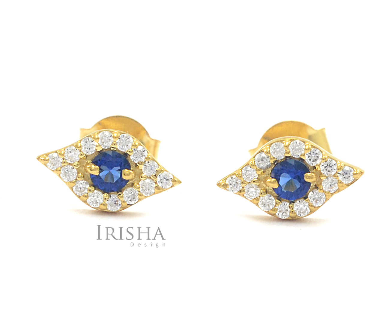 14K Gold Genuine Diamond And Blue Sapphire Evil Eye Earrings Fine Jewelry