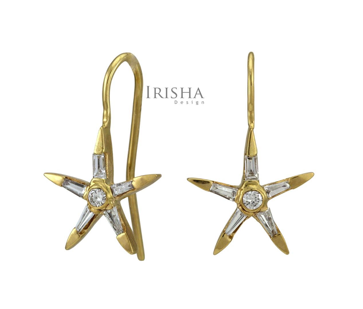 14K Gold Genuine Round And Tapered Baguette Diamond Star Hook Dangle Earrings