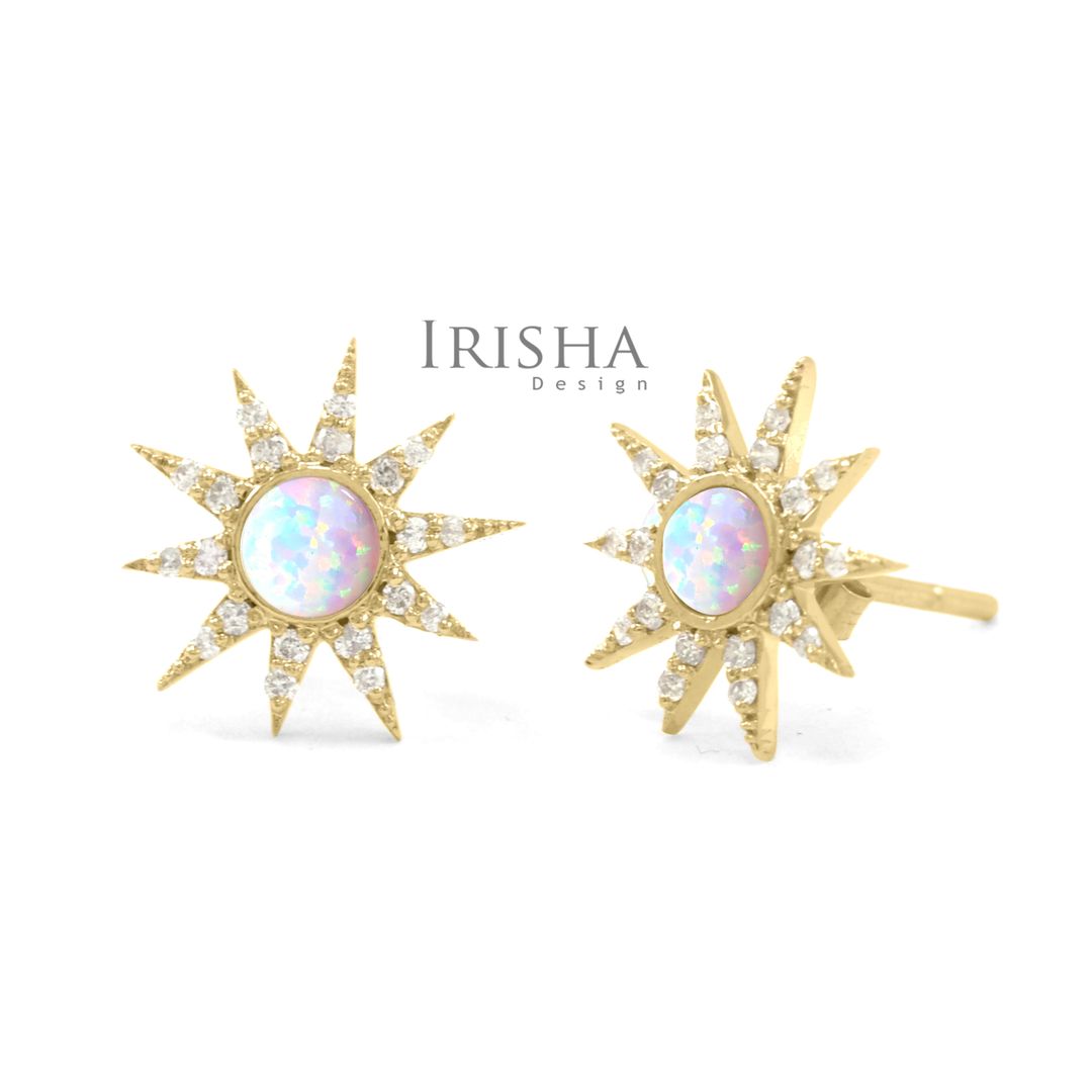 14K Gold Genuine Diamond And Opal Gemstone Starburst Earrings Fine Jewelry