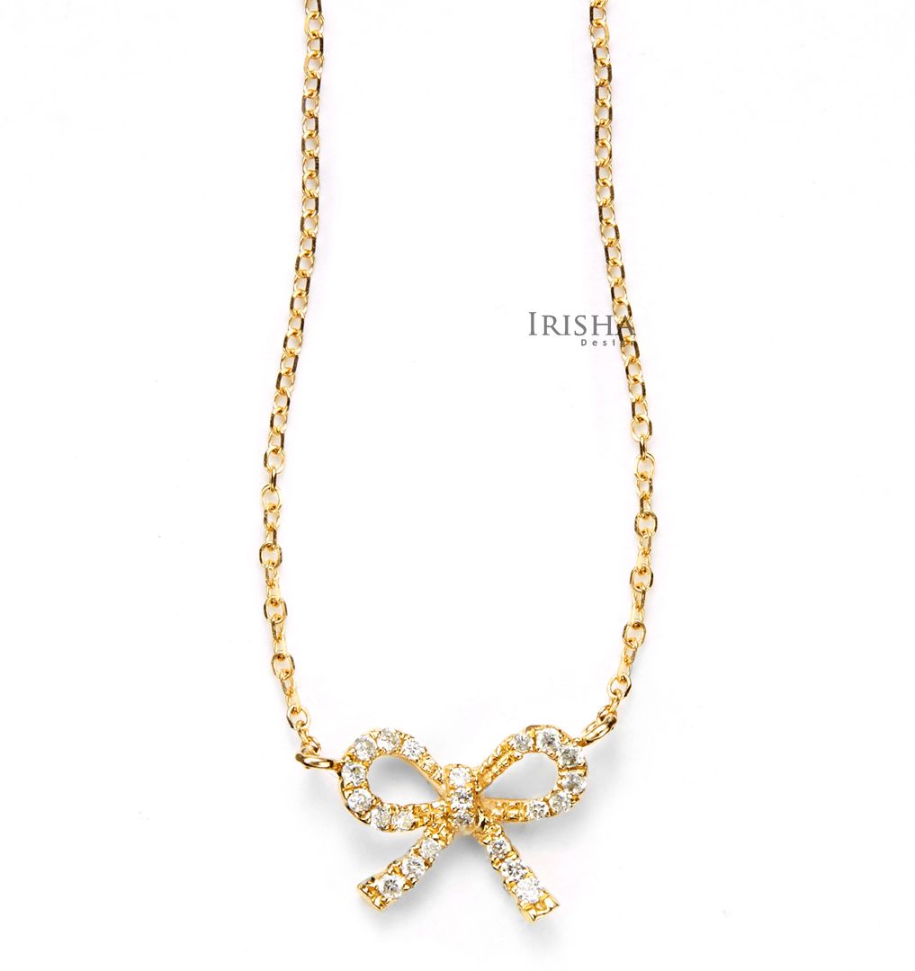 14K Gold 0.16 Ct. Genuine Diamond Bow Pendant Necklace Wedding Fine Jewelry