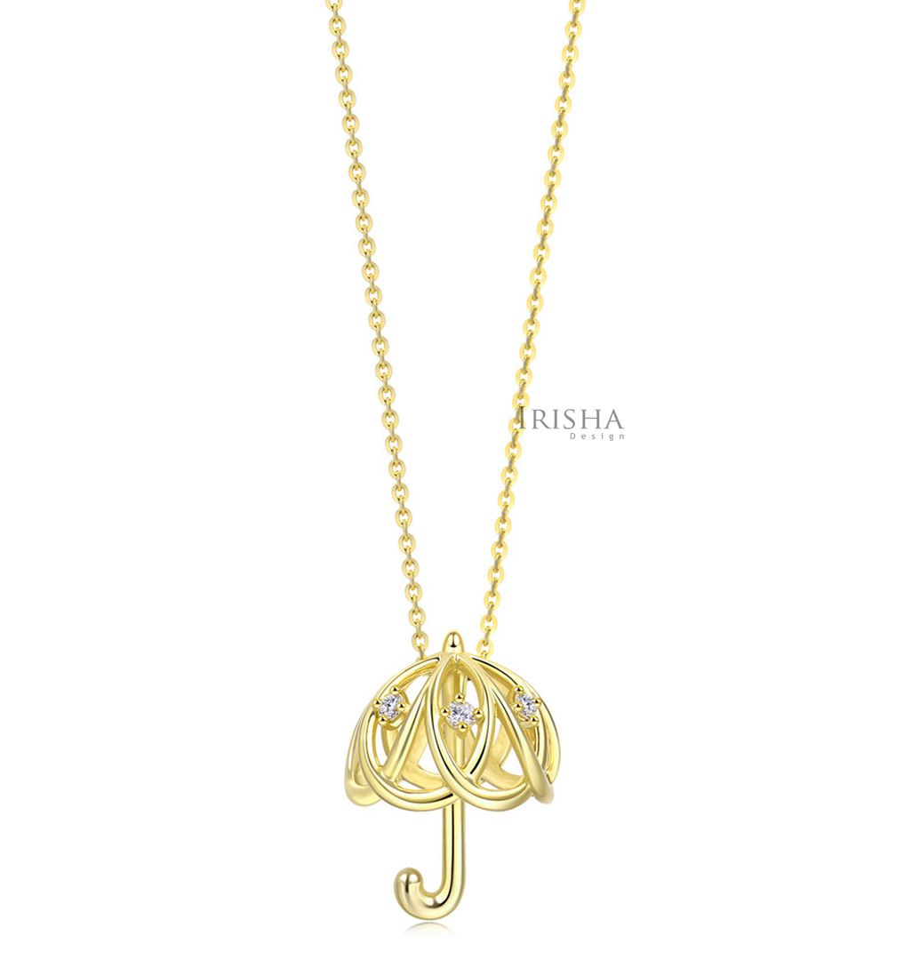 14K Gold 0.03 Ct. Genuine Diamond Umbrella Pendant Necklace Fine Jewelry