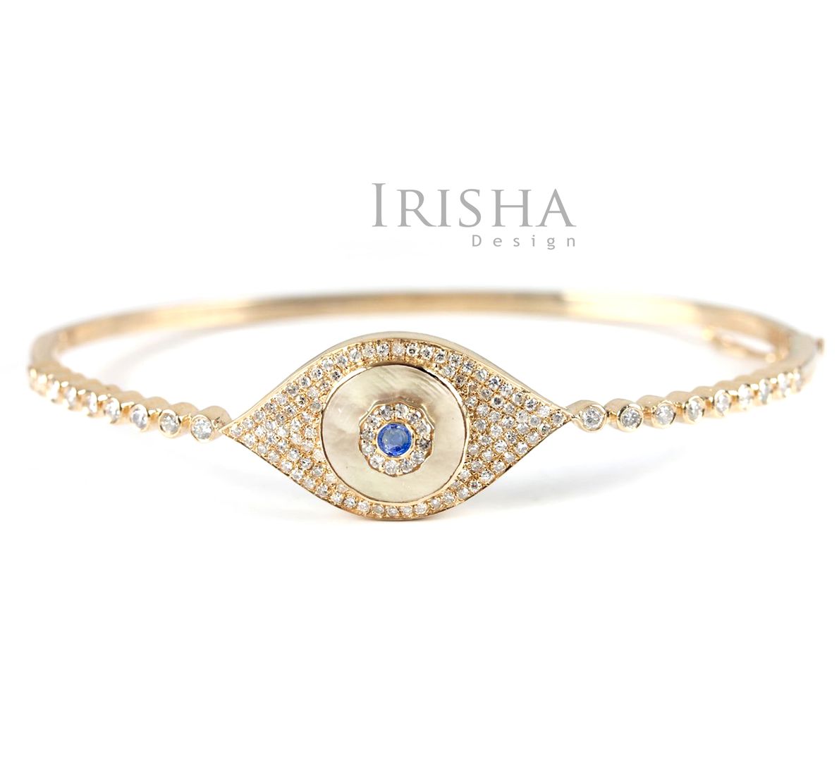 14K Gold Genuine Diamond And Blue Sapphire Gemstone Evil Eye Bangle Bracelet