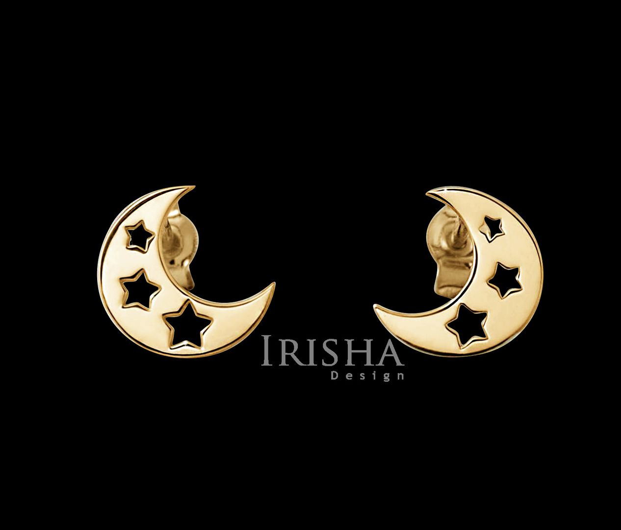14K Solid Gold Unique Minimalist Star Moon Design Studs Earrings Fine Jewelry