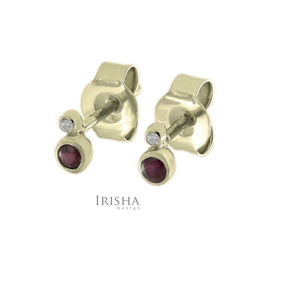 14K Gold Genuine Diamond And Ruby Gemstone 5 mm Tiny Minimalist Studs Earrings