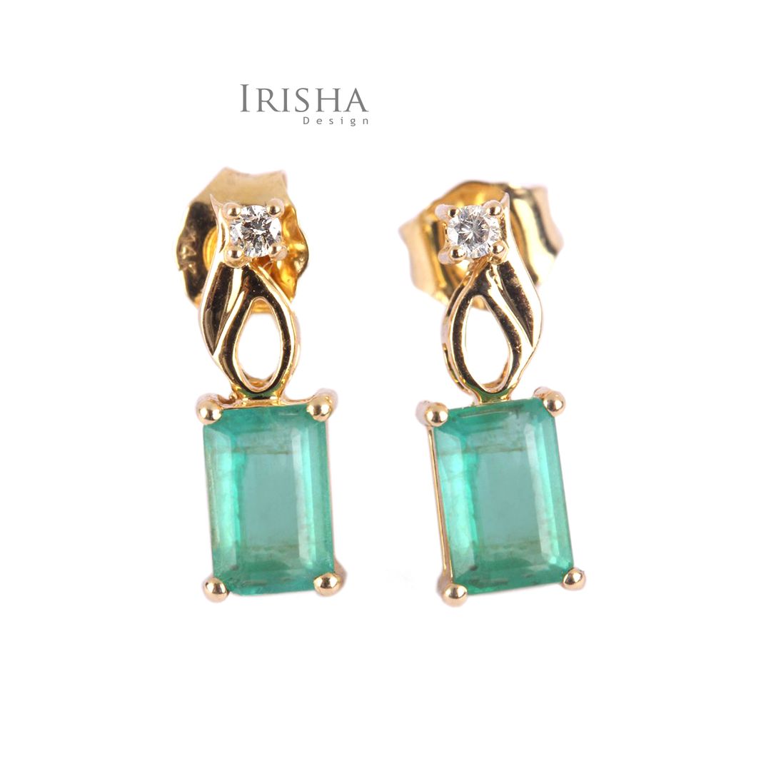 14K Gold Genuine Diamond And Emerald Gemstone Wedding Stud Earrings Fine Jewelry