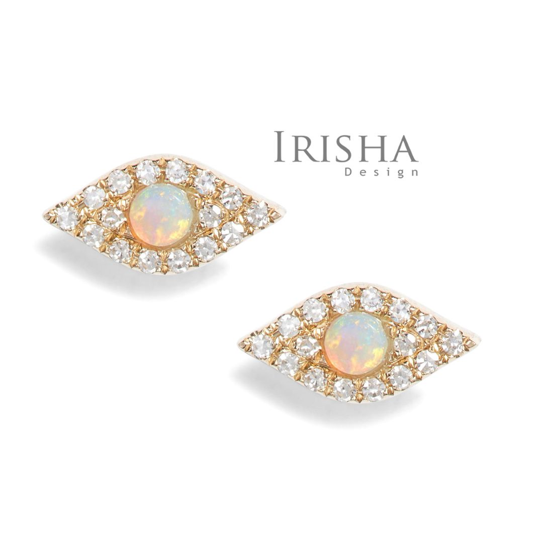 14K Gold Genuine Diamond-Opal October Birthstone Evil Eye Earrings Fine Jewelry