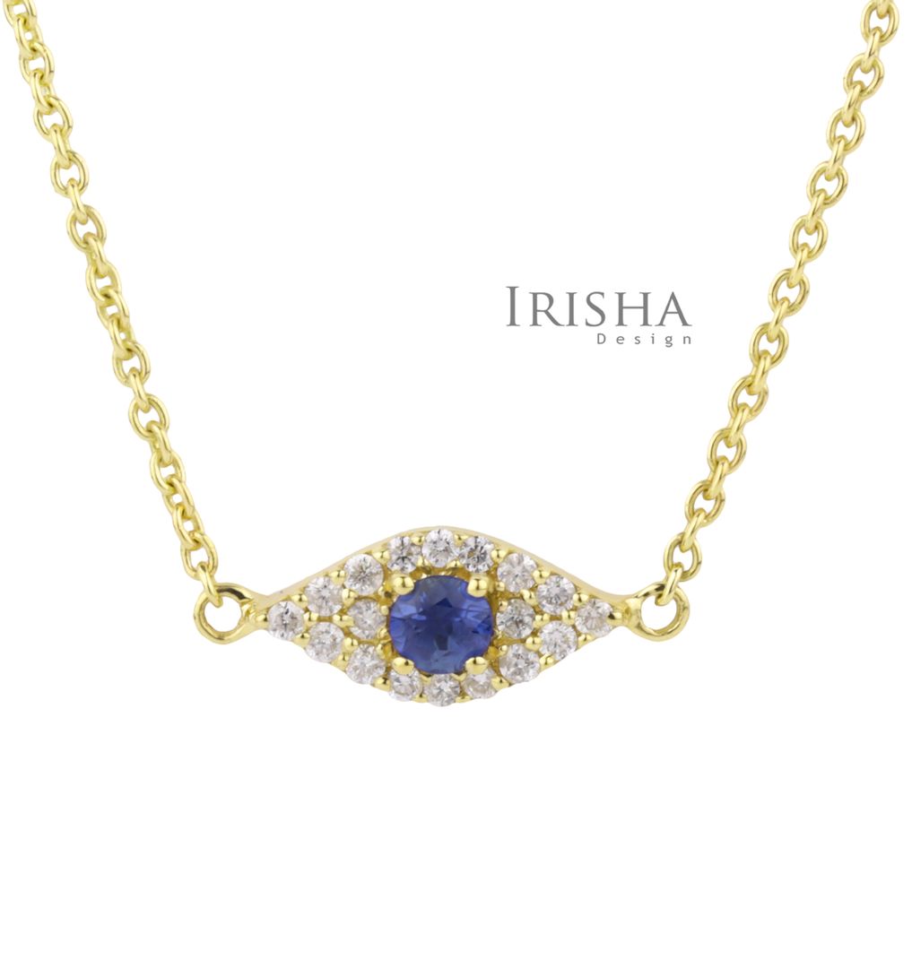 14K Gold Genuine Diamond And Blue Sapphire Gemstone Evil Eye Pendant Necklace
