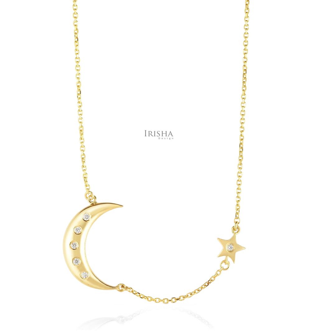 14K Gold 0.06 Ct. Genuine Diamond Crescent Moon Star Necklace Christmas Jewelry