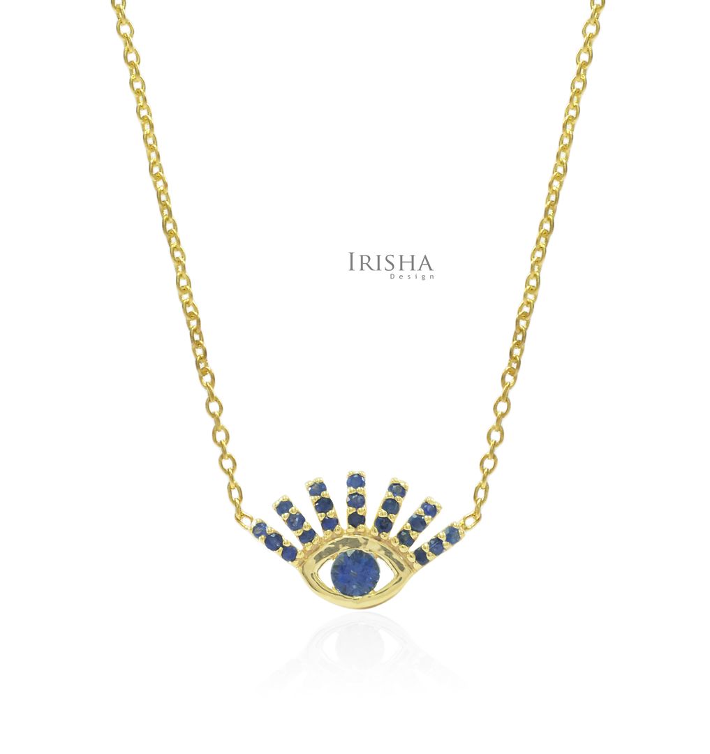 14K Gold 0.37 Ct. Genuine Blue Sapphire Gemstone Evil Eye Fine Pendant Necklace