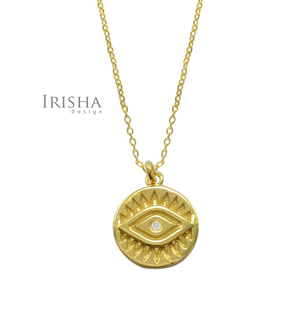 14K Gold 0.01 Ct. Genuine Diamond Evil Eye Disc Pendant Necklace Fine Jewelry