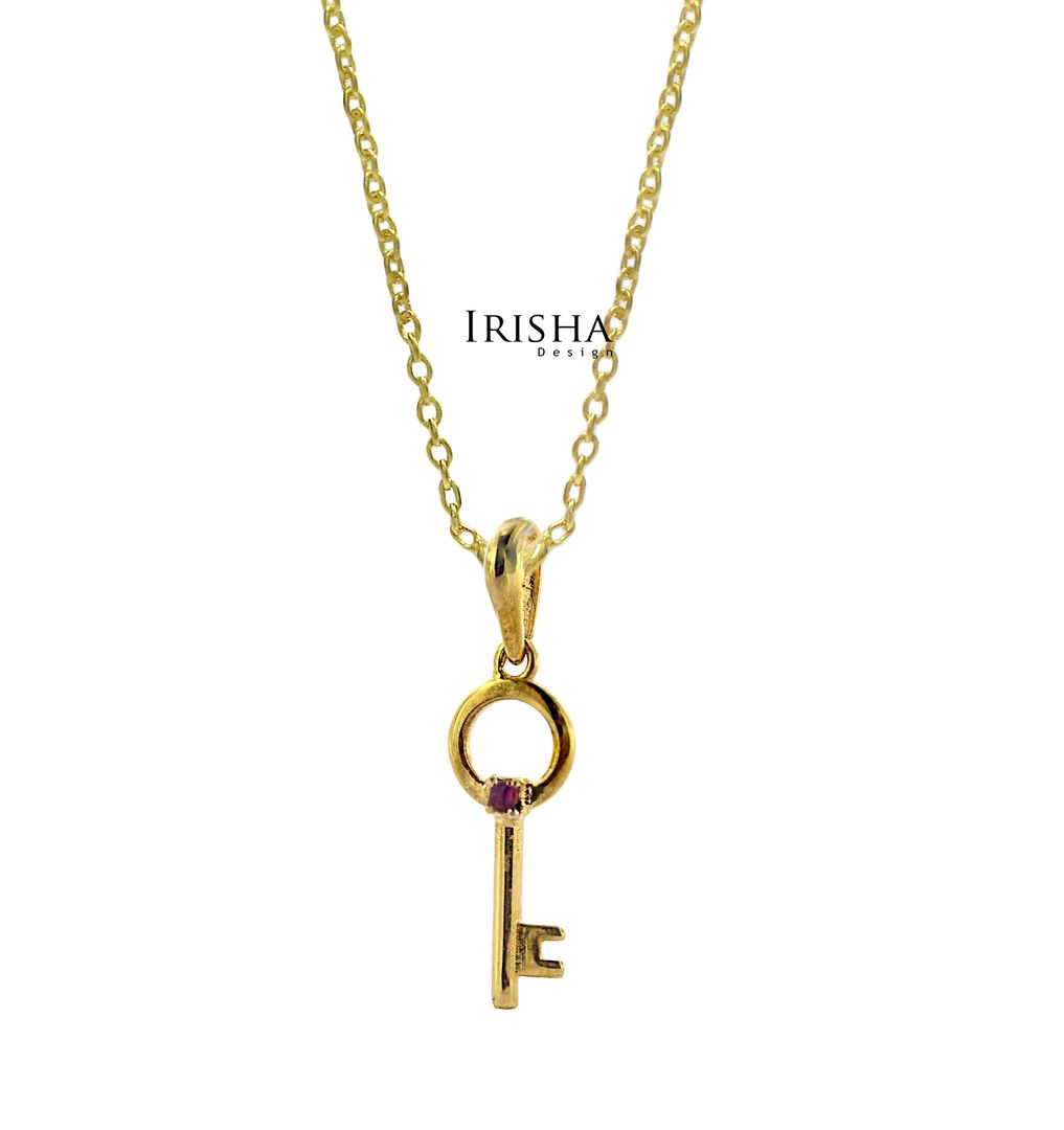 14K Gold 0.03 Ct. Genuine Square Ruby Gemstone Key Pendant Necklace Fine Jewelry