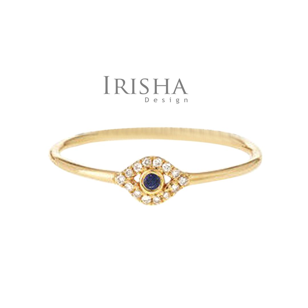 14K Gold Genuine Diamond And Blue Sapphire Gemstone Evil Eye Ring Fine Jewelry