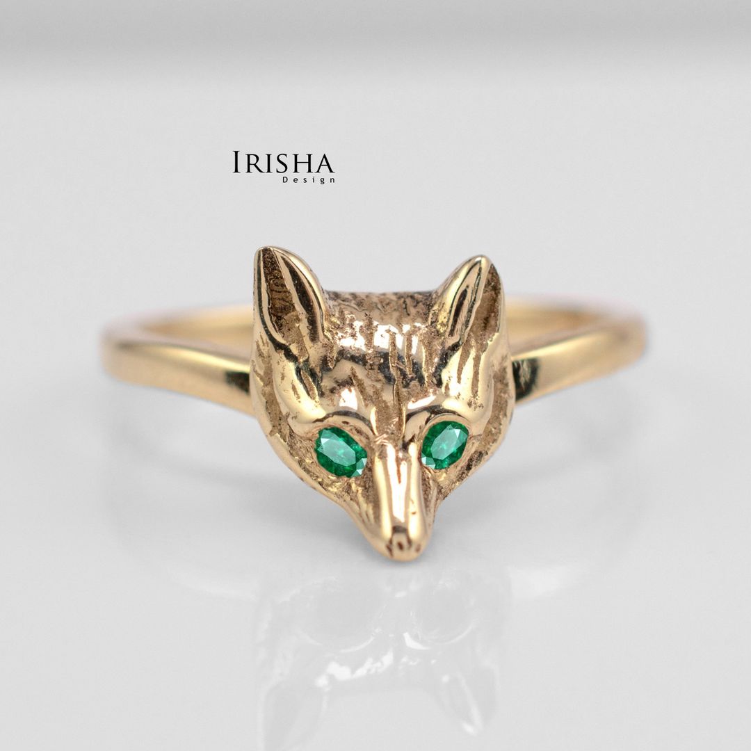 14K Gold Wolf Design Ring Available In Genuine Ruby Emerald And Blue Sapphire