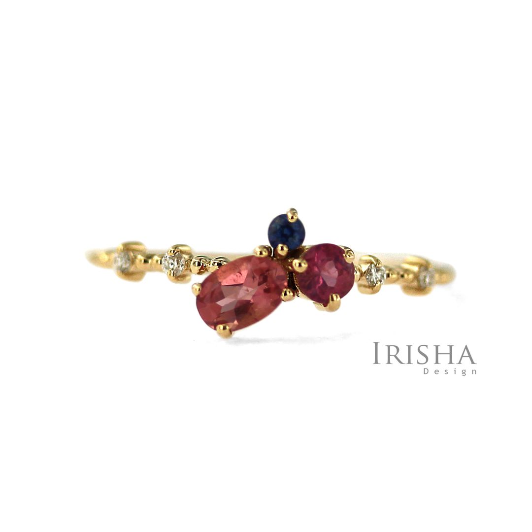 14K Gold Genuine Diamond Pink tourmaline Ruby And Blue Sapphire Cluster Ring