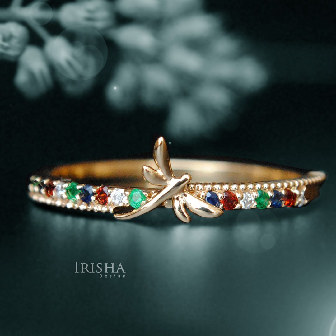 14K Gold Genuine Diamond Emerald Blue Sapphire Dragonfly Wedding Ring Jewelry