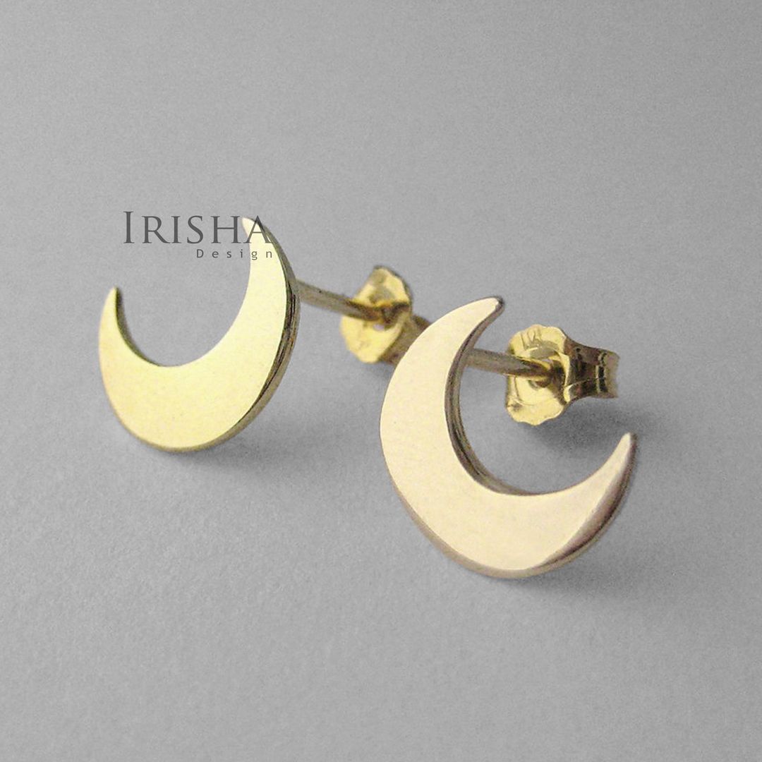 14K Solid Plain Gold 12 mm Crescent Moon Studs Earrings Celestial Fine Jewelry