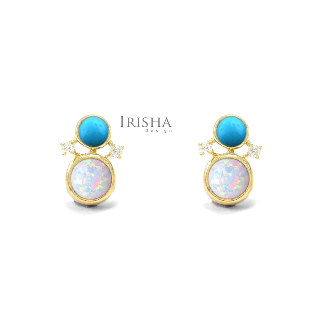 Genuine Dainty Diamond Opal Turquoise Gemstone Tiny Studs Earrings 14K Gold