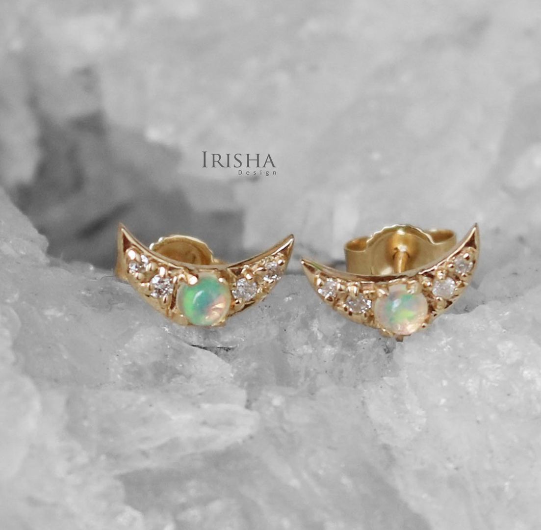 Genuine Diamond-Opal Gemstone Crescent Moon Studs Earrings 14K Gold Fine Jewelry