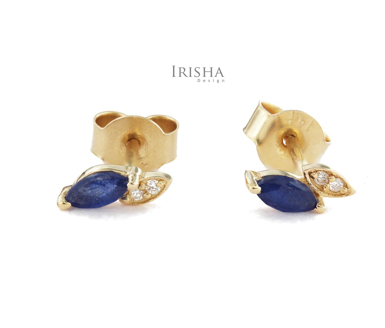 Genuine Diamond And Marquise Blue Sapphire Gemstone Mini Studs Earrings 14K Gold