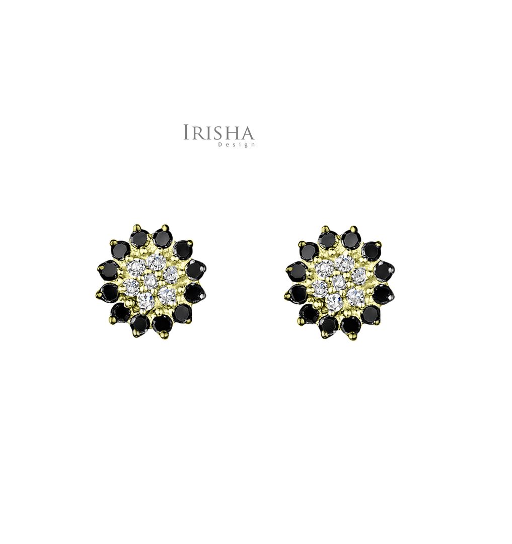 Halloween Gift Floral Studs Earring Genuine White And Black Diamond 14K Gold