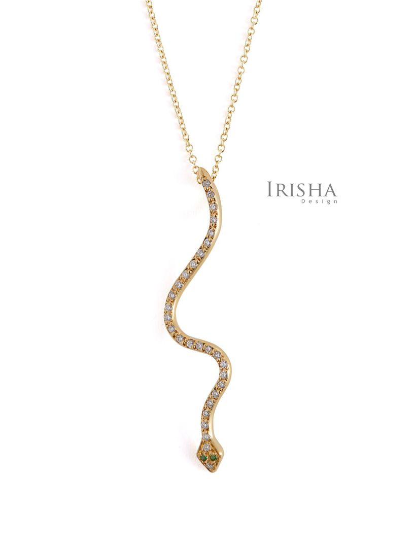 Genuine Emerald Gemstone Serpent Snake Pendant Necklace Diamond 14K Gold