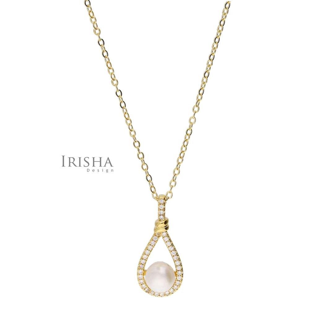 Genuine Freshwater Pearl Pear Shape Knot Diamond Pendant Necklace 14K Gold