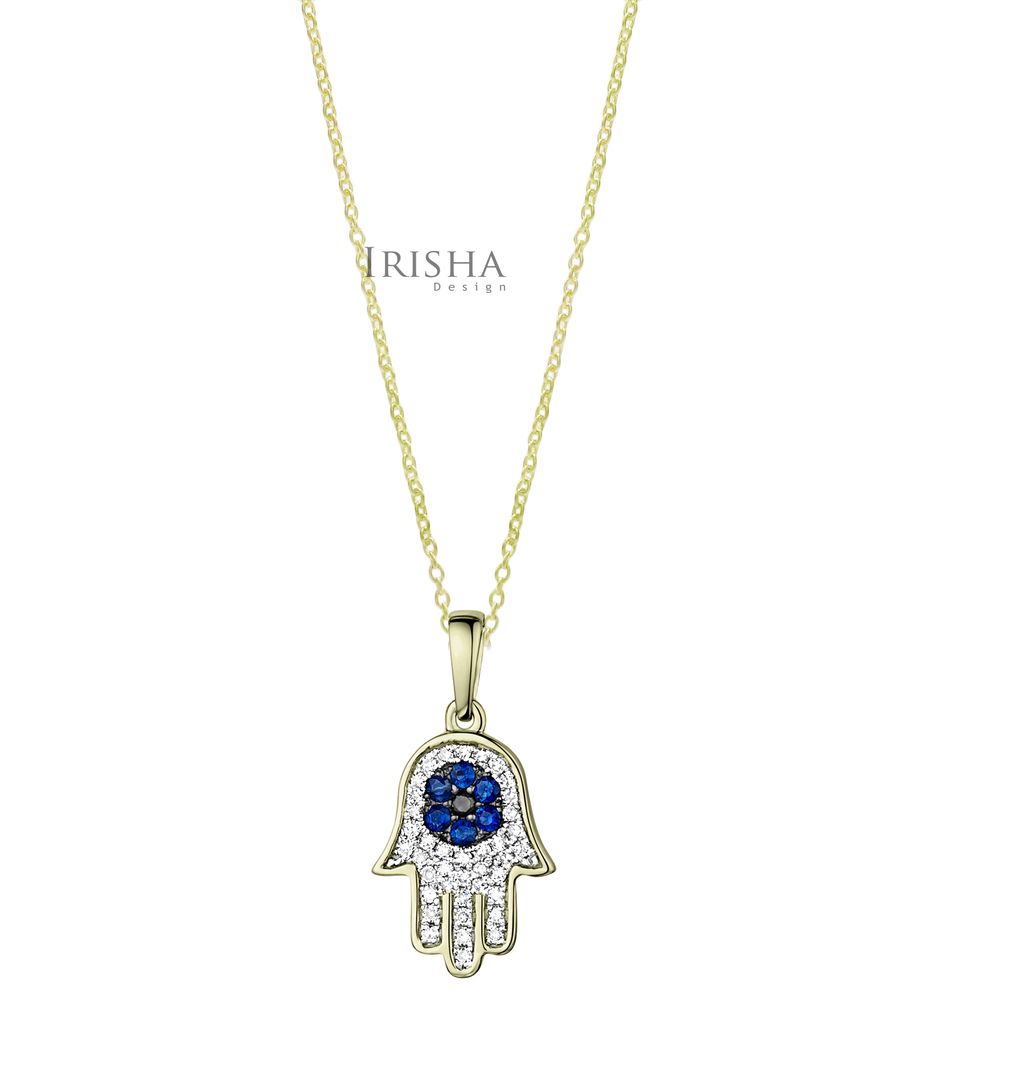Halloween Gift Hamsa Charm Necklace Genuine Diamond And Blue Sapphire 14K Gold