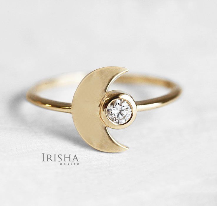 0.05 Ct. Genuine Diamond Crescent Moon Ring 14K Gold Celestial Fine Jewelry