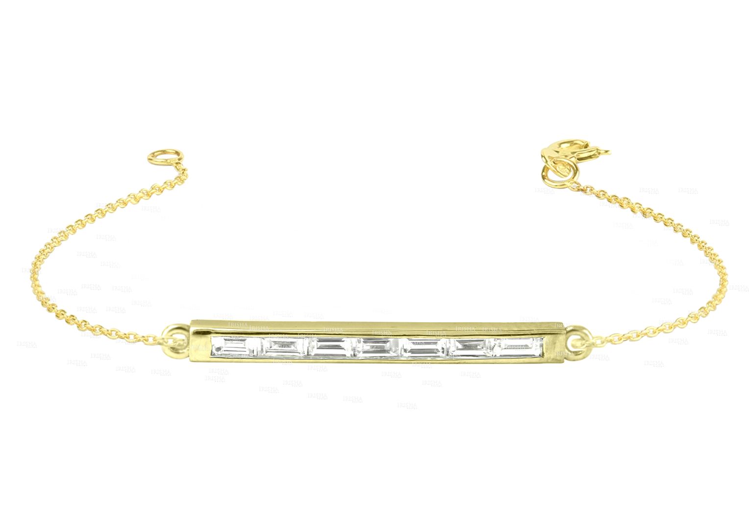 Birthday Gift Genuine Seven Baguette Diamond Bar Charm Bracelet 14K Solid Gold