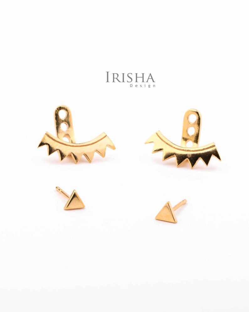 14K Solid Gold Triangle Spikes Design Jacket Floating Earrings Fine Jewelry