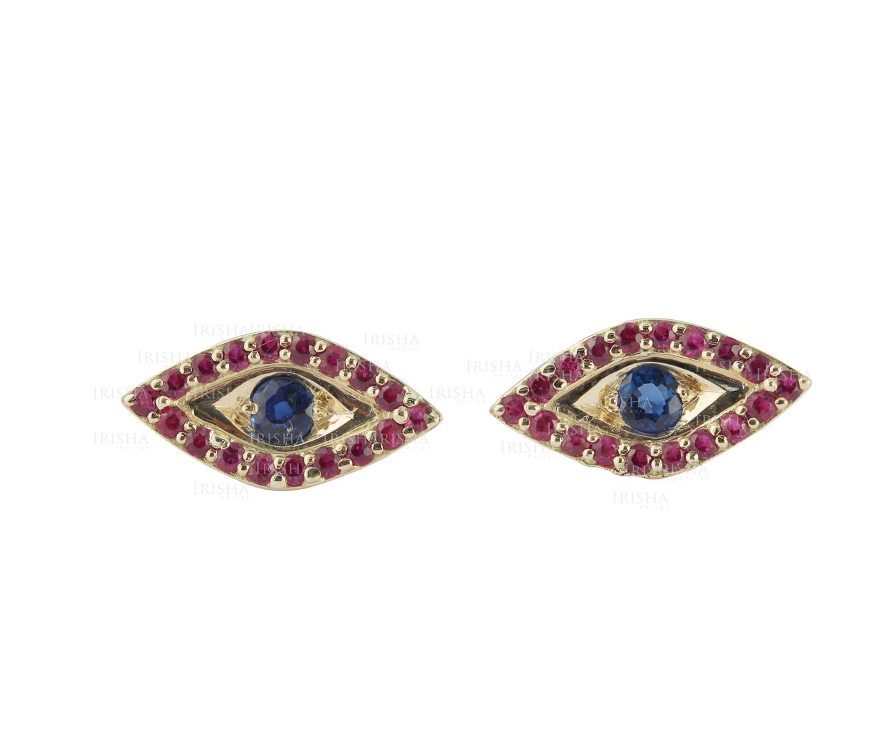 Genuine Ruby And Blue Sapphire Gemstone Evil Eye Studs Earrings 14K Gold Gift