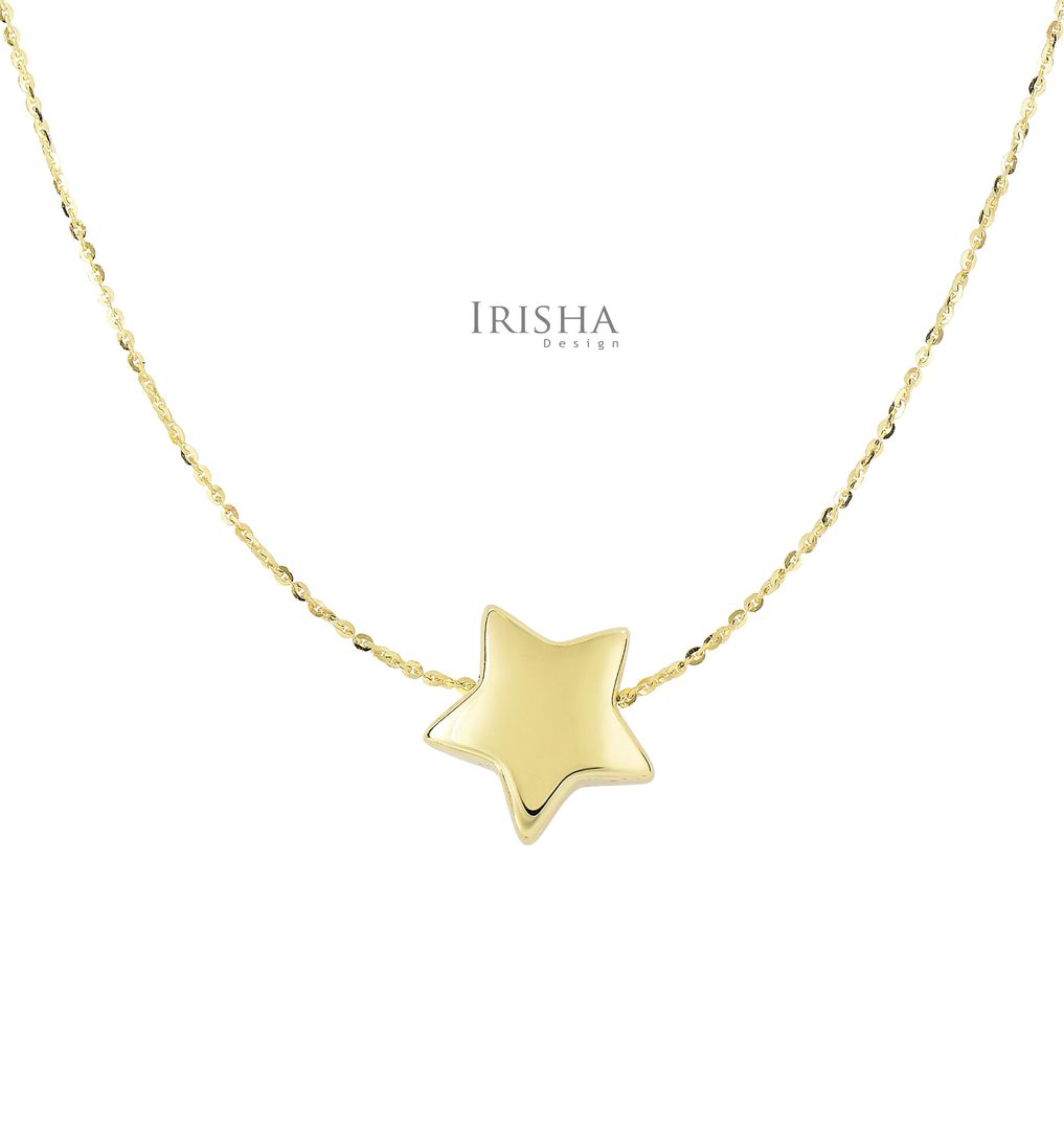 14K Yellow Gold Shiny 11.8 mm Sliding Puffed Star Necklace Christmas Jewelry