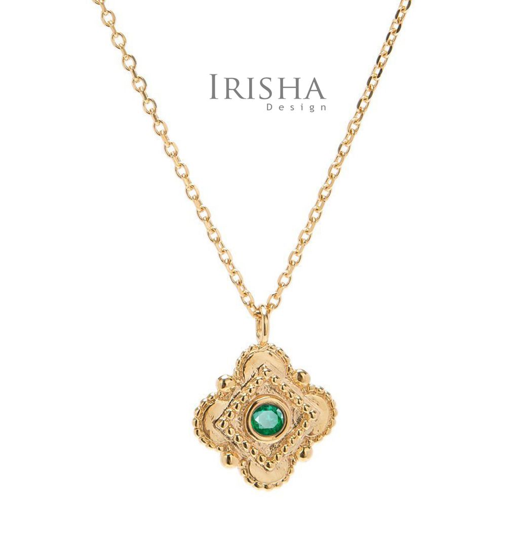 May Birthstone Genuine Emerald 14K Gold Vintage Floral Pendant Necklace Gift