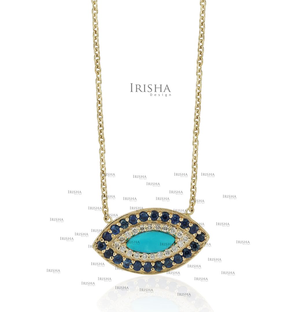14K Gold Genuine Diamond Blue Sapphire Turquoise Evil Eye Pendant Necklace