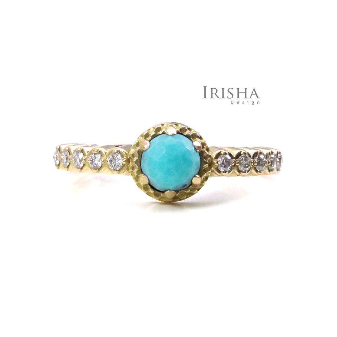 December Birthstone Turquoise 14K Gold Genuine Diamond Art Deco Halo Ring