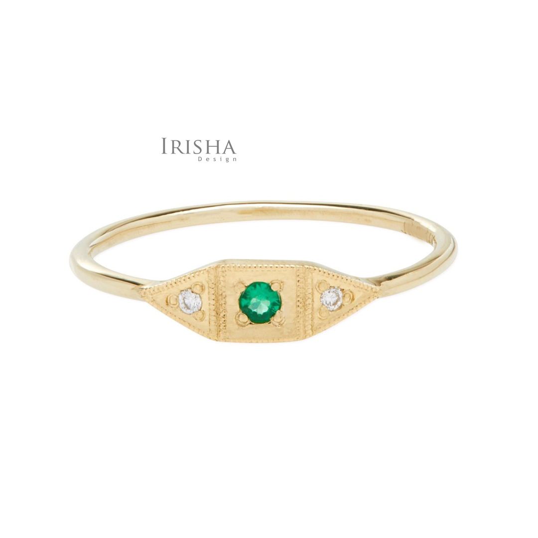 Genuine Diamond And Emerald May Birthstone Baby Deco Ring 14K Gold New Jewelry