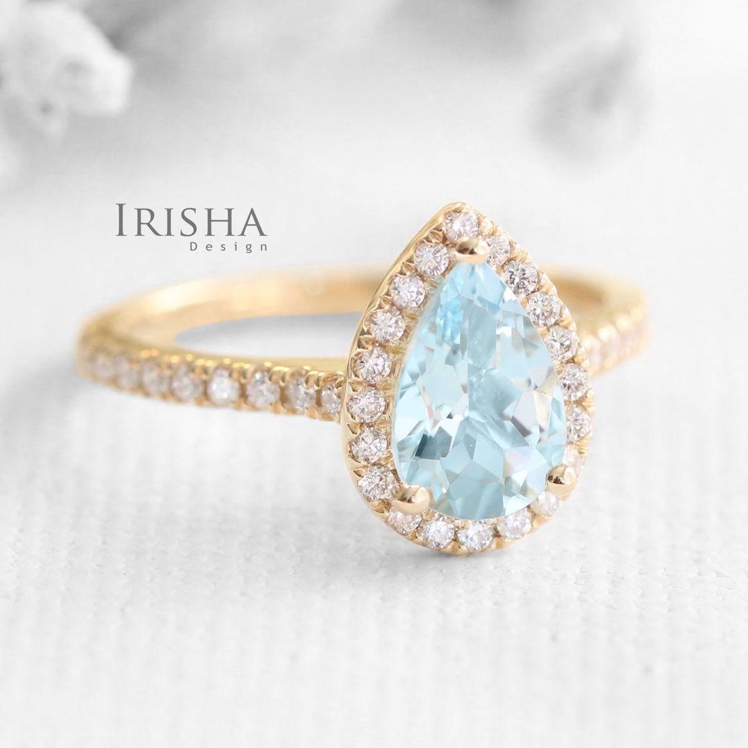 14K Gold Genuine Diamond-Aquamarine March Birthstone Halo Wedding Ring Jewelry