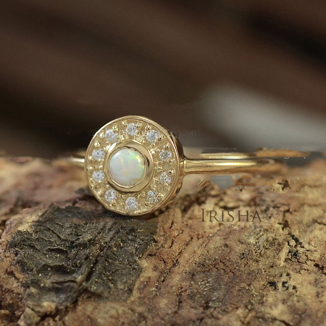 Genuine Diamond-Opal October Birthstone Circle Design Ring 14K Gold Fine Jewelry