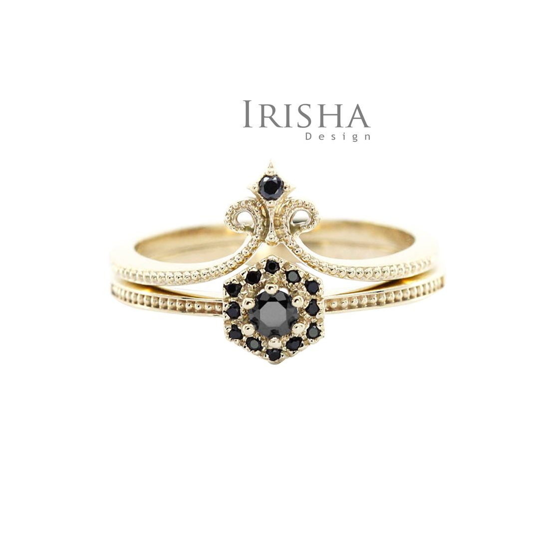 Genuine Black Diamond Crown Design Stacking Wedding Ring Set 14K Gold Jewelry